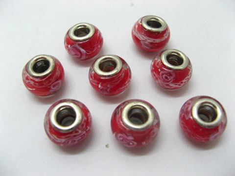 100 Red Murano Rose Flower Round Glass European Beads - Click Image to Close