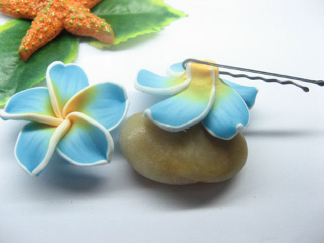 20 Sky Blue Fimo Beads Frangipani Jewellery Finding 4.2cm - Click Image to Close