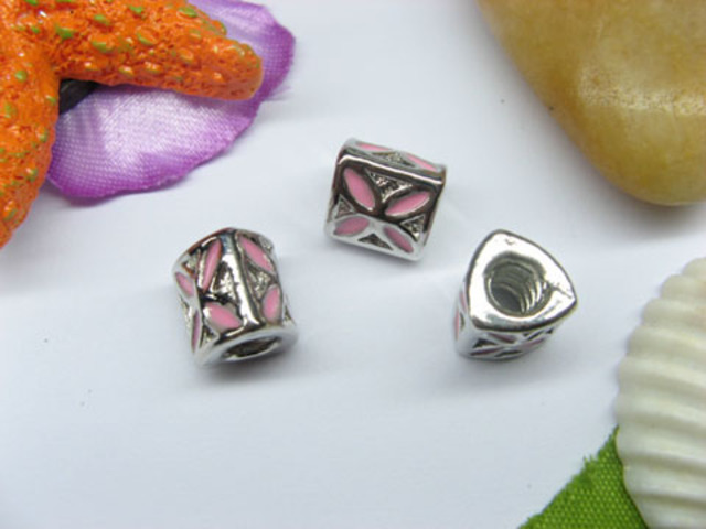 10 Pink Enamel Metal Thread European Beads pa-m180 - Click Image to Close