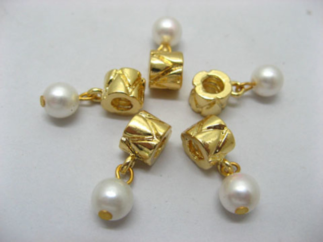 10X 18K Golden Plated Barrel European Beads With Pearl Dangle - Click Image to Close