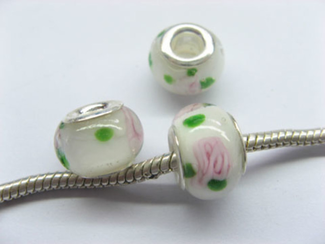 100 White Round Glass European Beads with Rose Printed - Click Image to Close