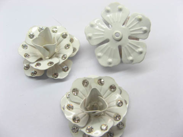 100 White Metal Rose Embellishments with Rhinestone for Crafts - Click Image to Close