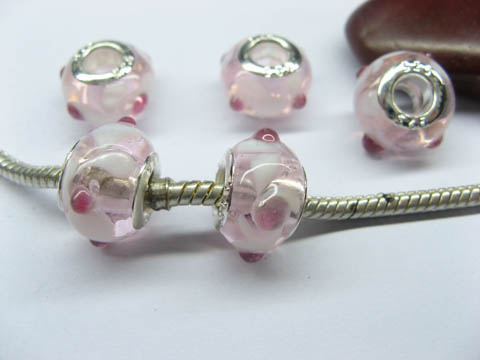 100 Light Pink 925 Stamped Round Glass European Beads pa-g44 - Click Image to Close