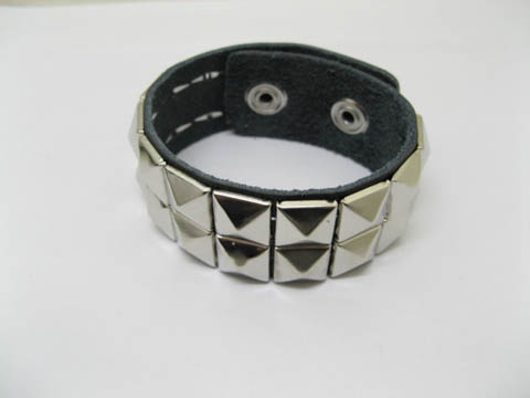 10 Black Leatherette Double Nail Wristband Bracelets - Click Image to Close