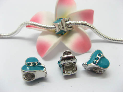 10 Blue Enamel Heart Metal Thread European Beads - Click Image to Close