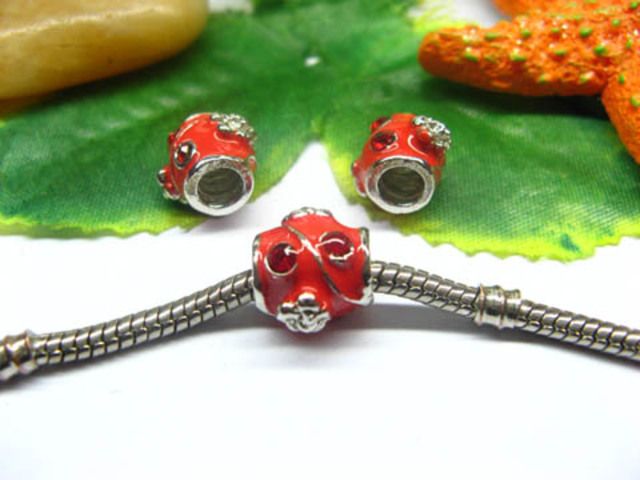 10 European Red Barrel Enamel Thread Bead w/Rhinestone - Click Image to Close