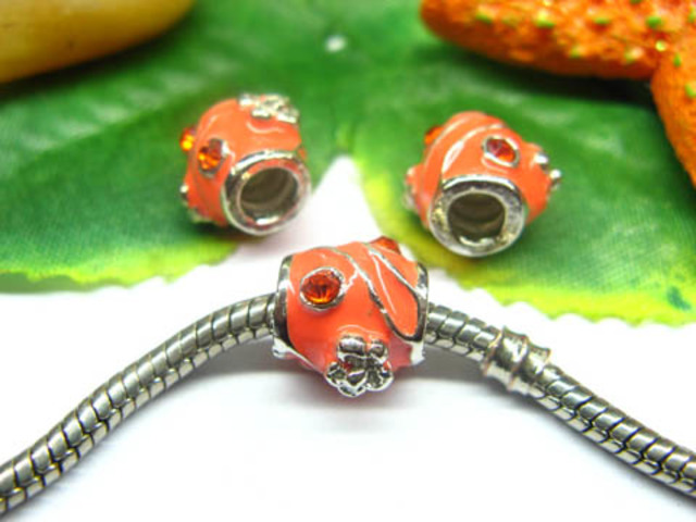 10 European Orange Barrel Enamel Thread Bead w/Rhinestone - Click Image to Close