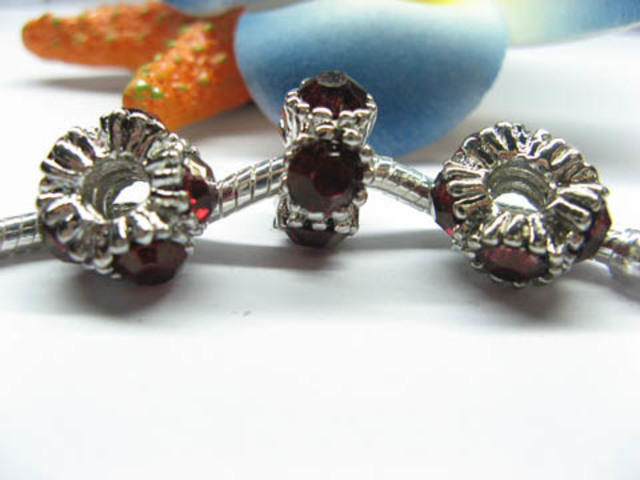 20 Thread European Beads with Dark Red Rhinestone - Click Image to Close