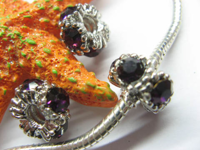 20 Thread European Beads with Dark Purple Rhinestone - Click Image to Close