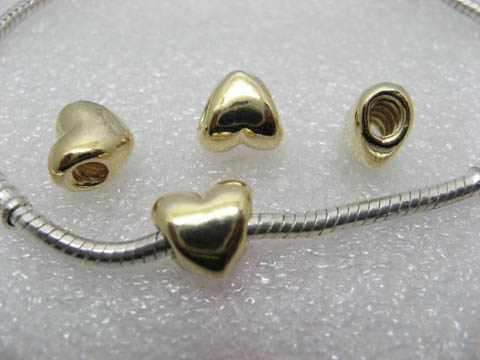 10 Golden Plated Heart Thread European Beads - Click Image to Close