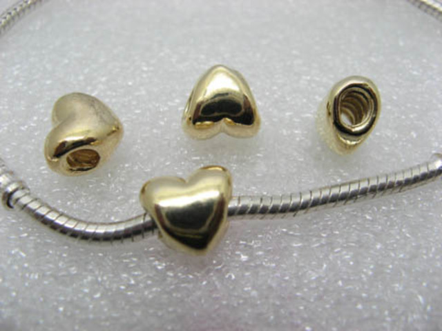 10 Golden Plated Heart Thread European Beads - Click Image to Close