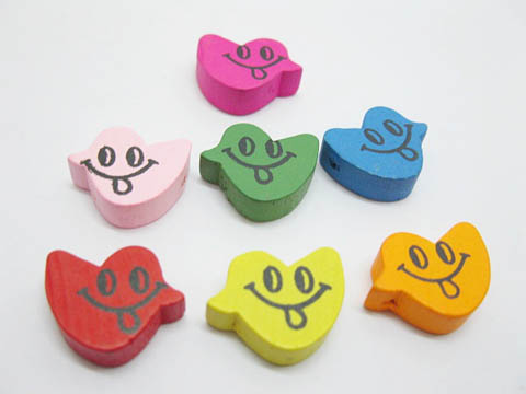 200 Bird Shape w/Smile Face Wooden Bead Mixed Color - Click Image to Close