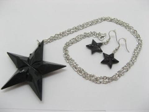 5X Black Star Chain Necklace w/Earring - Click Image to Close