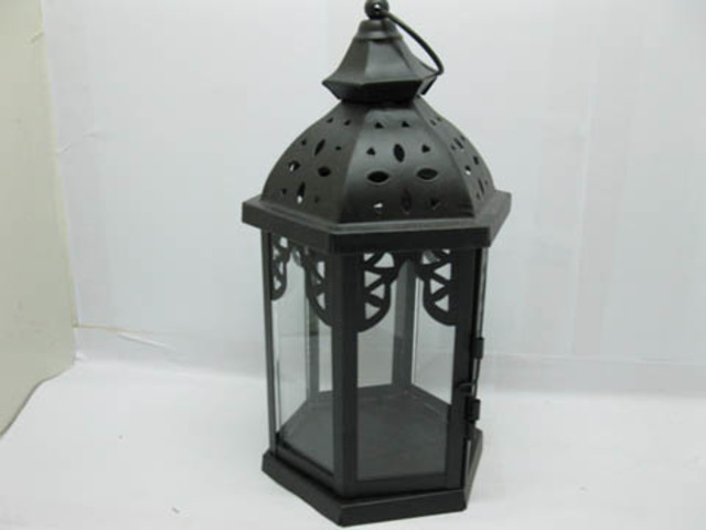 1X Black Hanging Candle Lantern 6-Sided