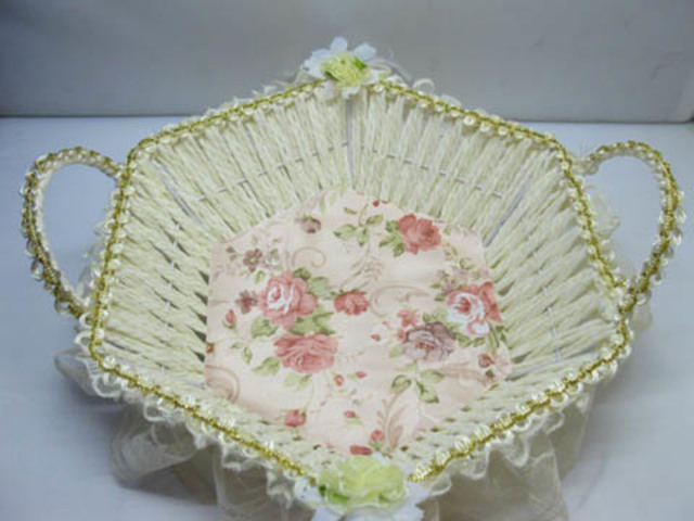 2X Fancy Handmade Hexagon 6-Sided Paper Crochet Basket w/Handle 2X Fancy Handmade Hexagon 6-Sided Paper Crochet Basket w/Handle