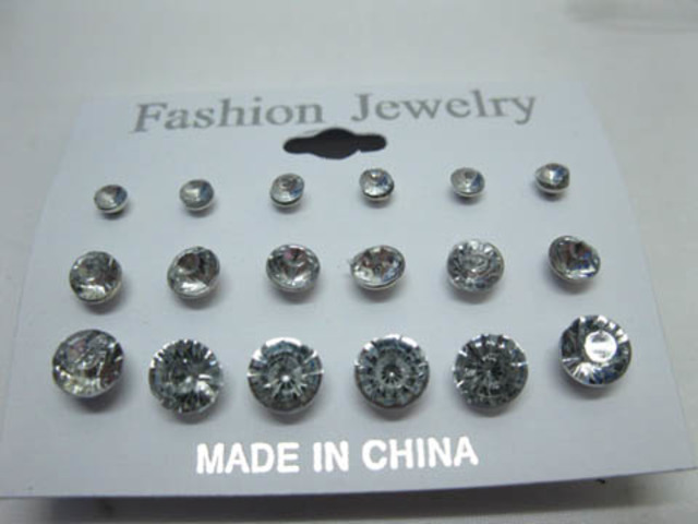 1Bag X 12Sheets Clear Rhinestone Earring Studs 3 Sizes