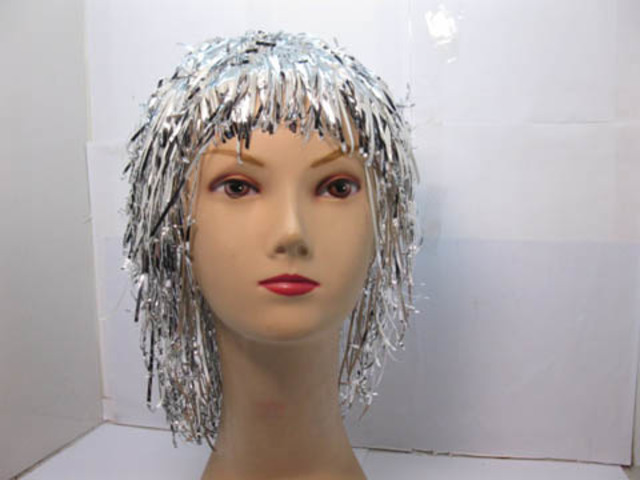 10 New Silver Pom-Pom Tinsel Costume Wigs - Click Image to Close