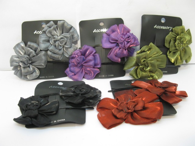 5x12Pair Gauze Flower Hairclips Hair Clips Mixed Color - Click Image to Close