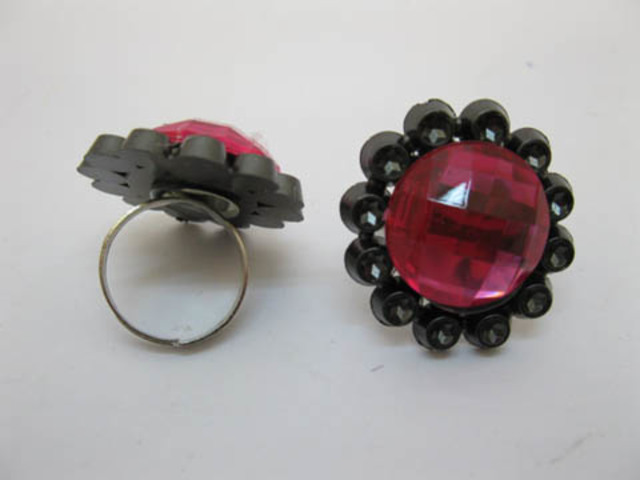 12 New Flower Fuschia Rhinestone Rings - Adjustable - Click Image to Close