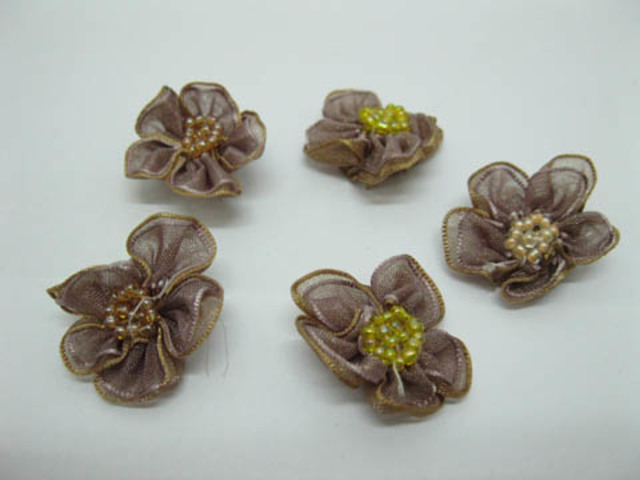 200 Light Coffee Craft Organza Beaded Flowers Embellishment