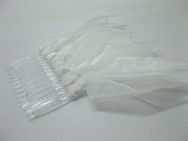 25 White Bridal Hair Comb Headpiece with Attached Organza Ribbon