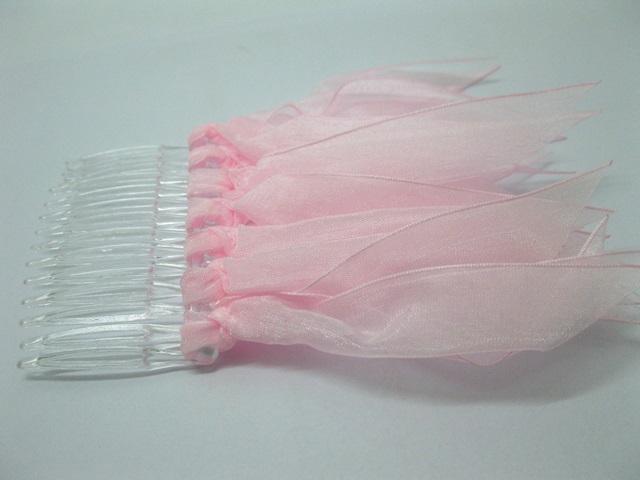 25 Pink Bridal Hair Comb Headpiece with Attached Organza Ribbon - Click Image to Close