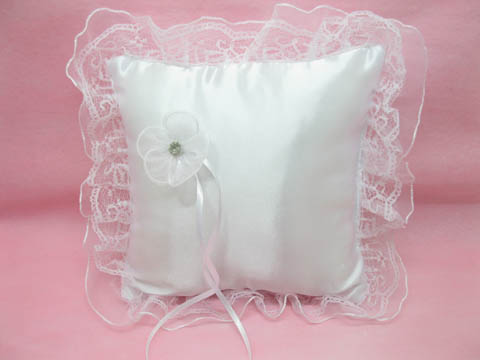 1X White Wedding Ring Pillow with Lace Edge 23x23cm - Click Image to Close