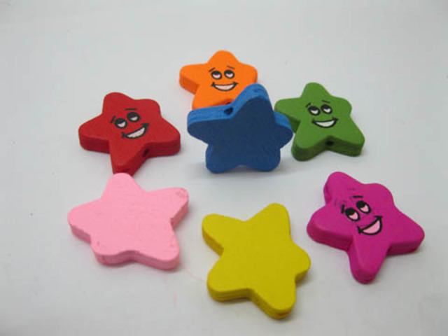 300Pcs Colourful smile face emoji Star Wooden Beads Mixed - Click Image to Close