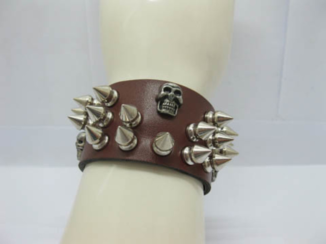 12 Brown Leatherette Punk Gothic Spiked Nail Skull Cuff Bracelet - Click Image to Close