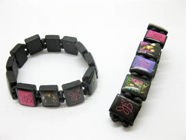 4x12Pcs Wooden Beaded Bracelets with Justin Bieber Sticker on 4x12Pcs Wooden Beaded Bracelets with Justin Bieber Sticker on