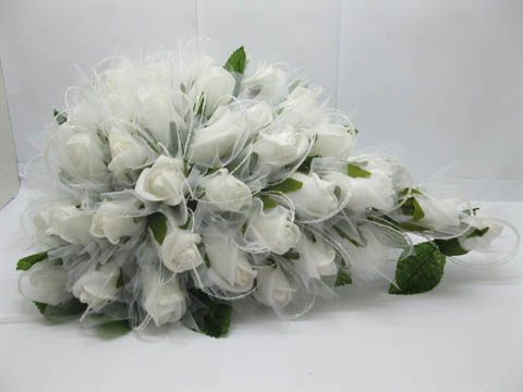 1X Artificial White Rose Wedding Bridal Teardrop Bouquet - Click Image to Close
