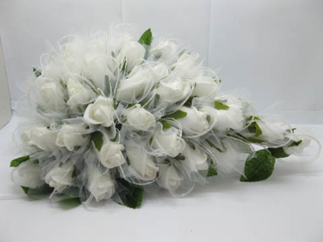 1X Artificial White Rose Wedding Bridal Teardrop Bouquet
