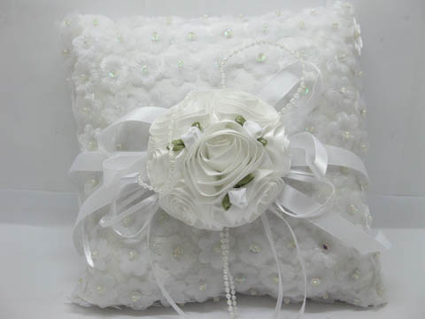 1X White Square Wedding Ring Pillow w/case under Rose - Click Image to Close