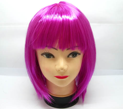 4Pc Bobo Head Style Neat Bang Short Straight Cosplay Wig Fuschia - Click Image to Close
