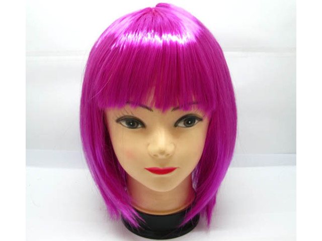 4Pc Bobo Head Style Neat Bang Short Straight Cosplay Wig Fuschia - Click Image to Close