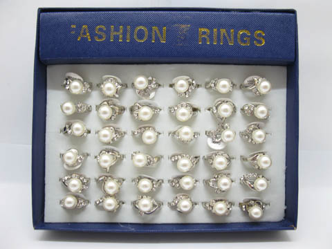36 Fashion Elegant Pearl Rings with Rhinestone - Click Image to Close