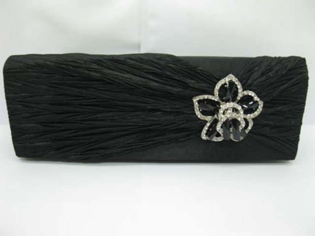 1Pc Black Satin Evening Handbag Wedding Clutch Bag w/Flower 1Pc Black Satin Evening Handbag Wedding Clutch Bag w/Flower
