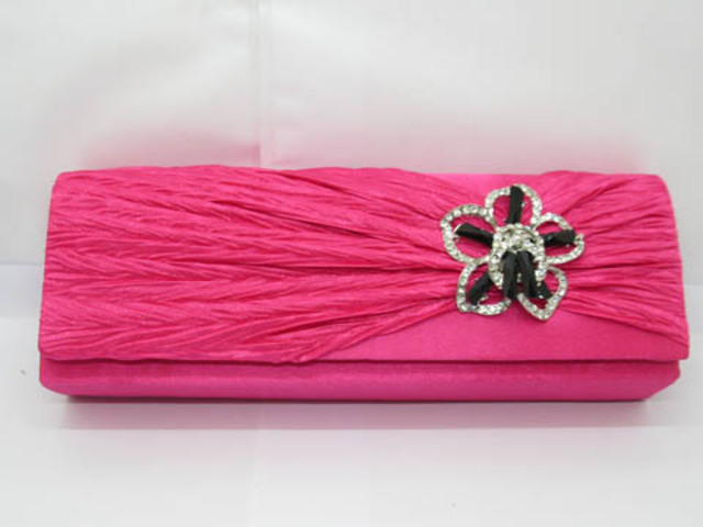 1Pc Fuschia Satin Evening Handbag Wedding Clutch Bag w/Flower