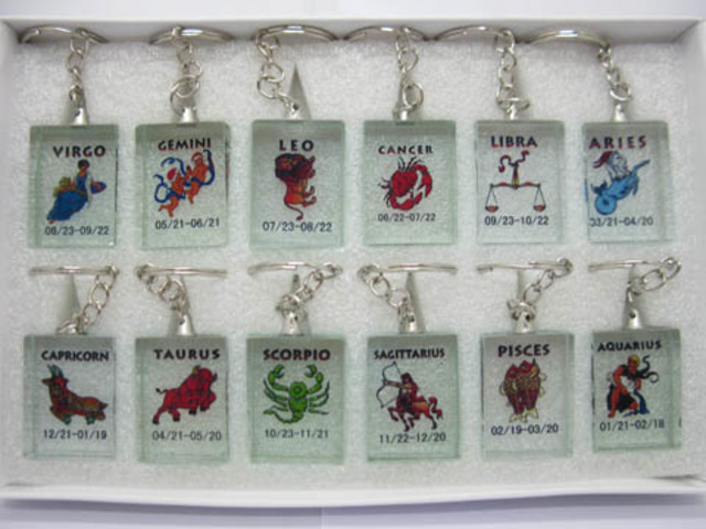 12pcs Zodiac Sign Symbols Glass Key Rings - Click Image to Close