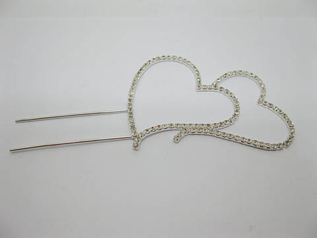 5Pc Silver Diamante Double Heart Wedding Cake Topper Decoration