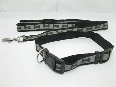 5Sets Reflective Adjustable Dog Collar & Lead Black 38-62cm - Click Image to Close