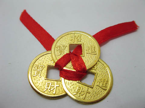 20 Lucky 3 Tied Golden Feng Shui Coin I-Ching Coins 35mm - Click Image to Close