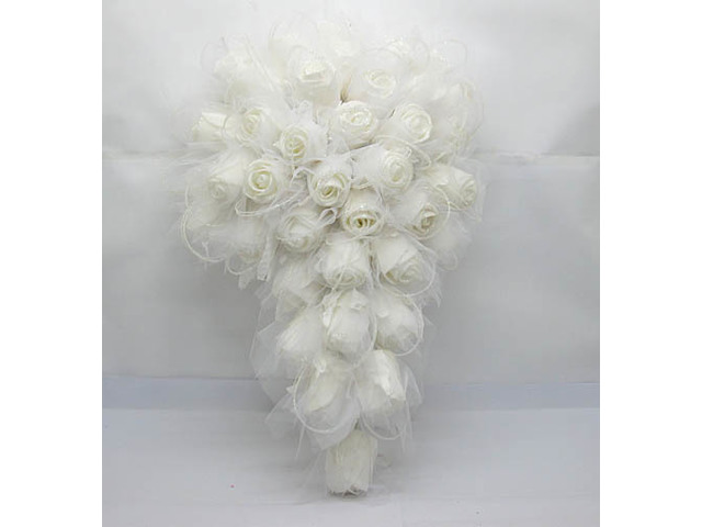 1X Artificial White Rose Wedding Bridal Teardrop Bouquet w/Powde - Click Image to Close