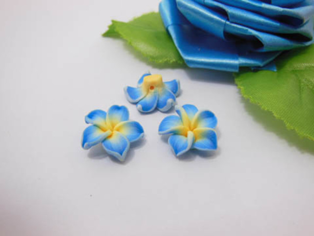 100 Blue Fimo Beads Frangipani Jewellery Finding 1.5cm - Click Image to Close