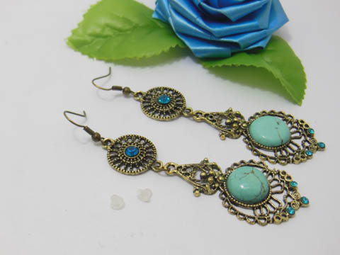 12Pairs Dyed Turquoise Stone Filigree Drop Hook Earrings - Click Image to Close