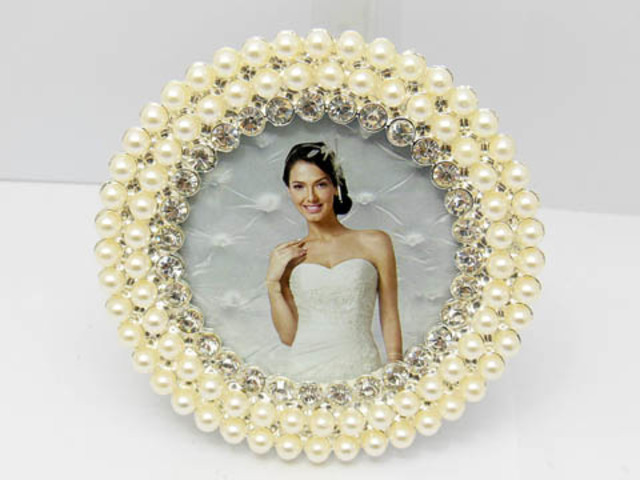 1X Rhinestone & Pearl Wedding Photo Frame - Round