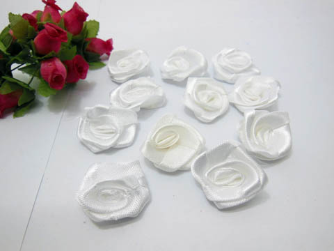 280 Hand Craft Satin Ribbon Rose Flower Embellishments - White - Click Image to Close