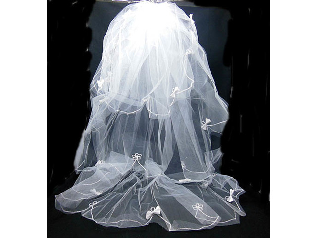 1X New White Wedding Bridal Veil - Bowknot & Flower Edge - Click Image to Close