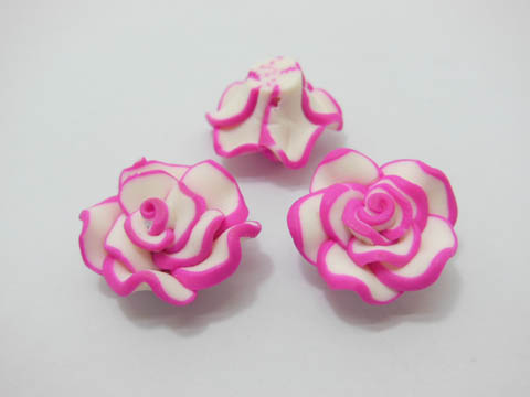 195 Fuschia White Fimo Rose Flower Beads Jewellery Finding 2cm - Click Image to Close