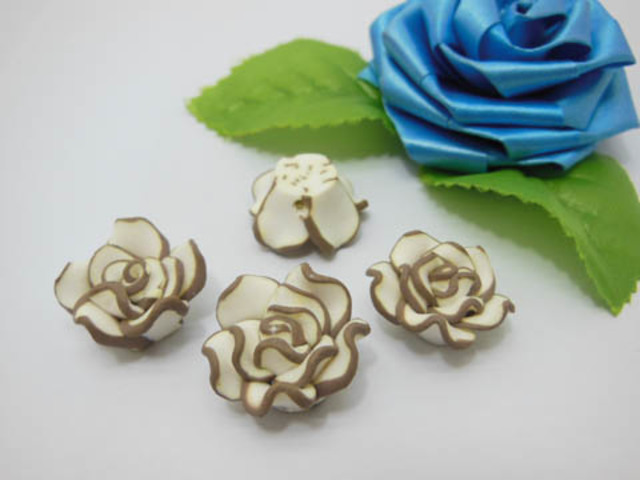 195 Coffee White Fimo Rose Flower Beads Jewellery Findings 2cm - Click Image to Close